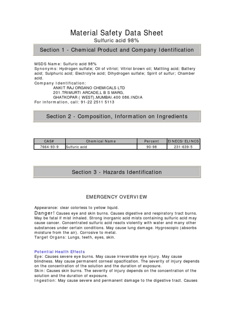 Material Safety Data Sheet Sulfuric Acid 98 Section 1 Chemical