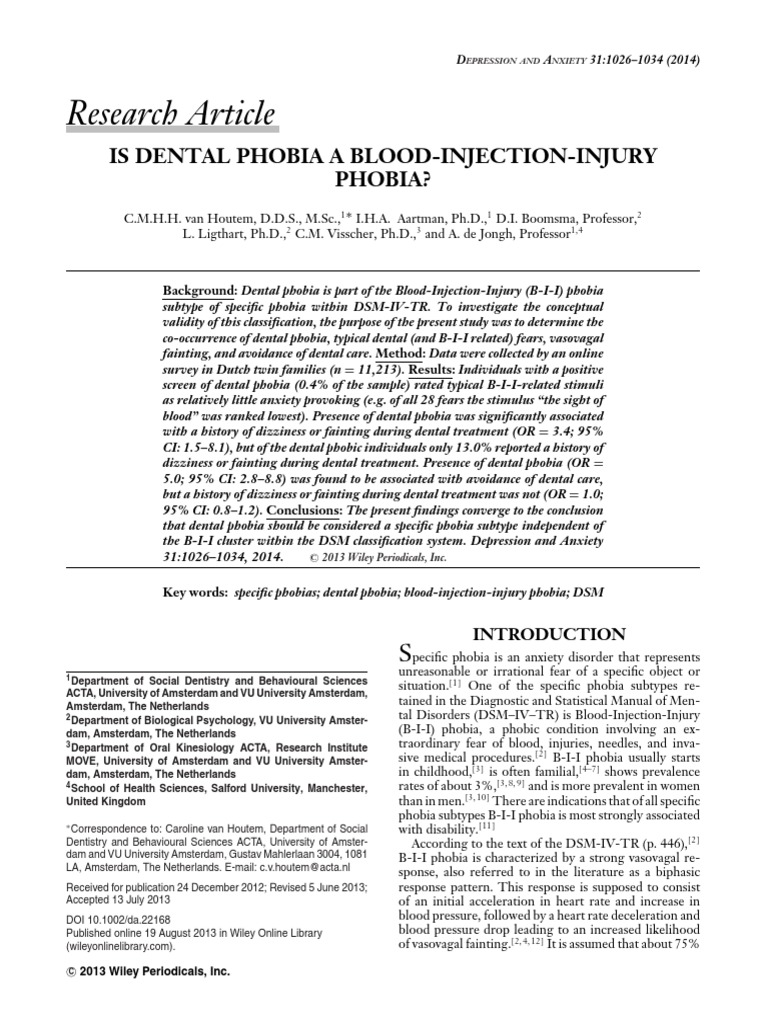 Research Article Is Dental Phobia A BloodInjectionInjury Phobia? PDF Phobia Anxiety