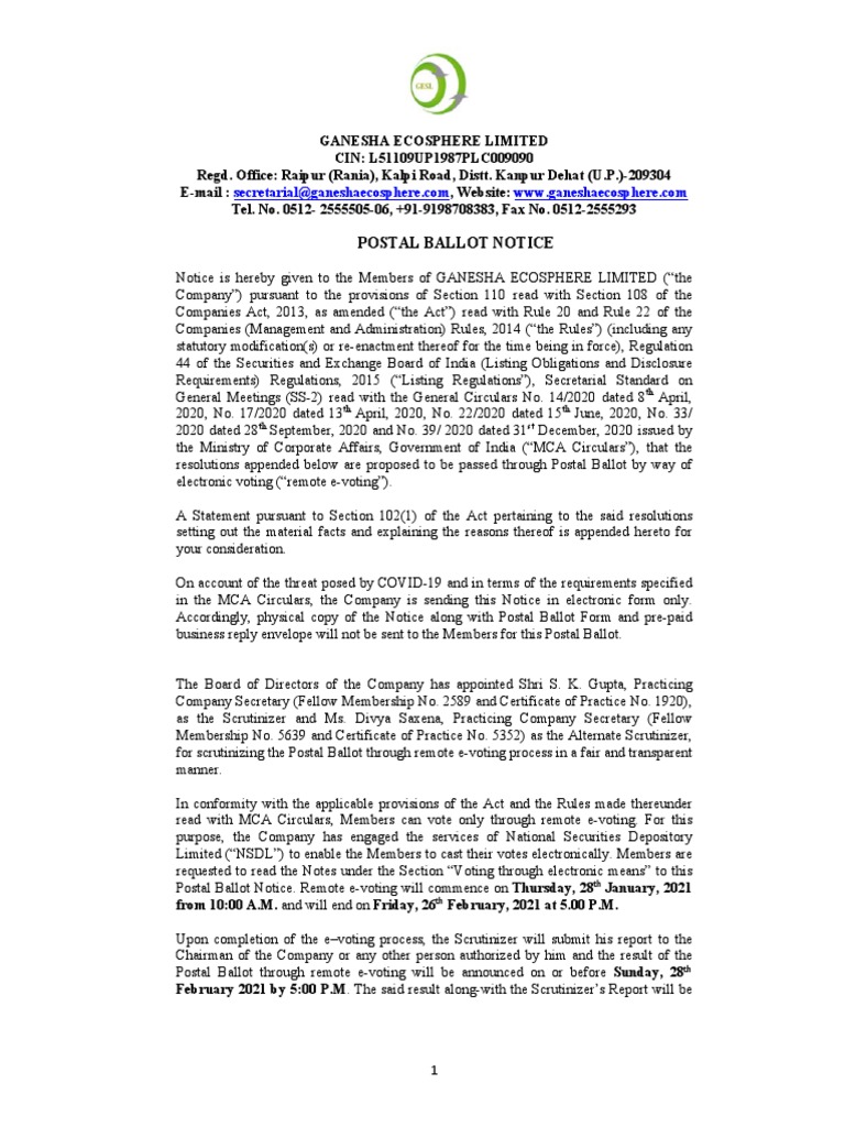Ganesha Ecosphere Postal Ballot Notice | PDF | Stocks | Board Of Directors
