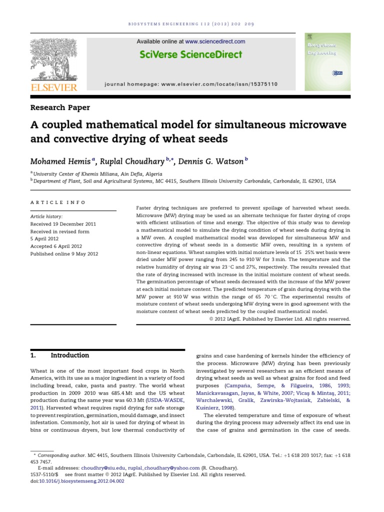 Microwave and Convective Drying Model for Wheat | PDF | Humidity | Heat