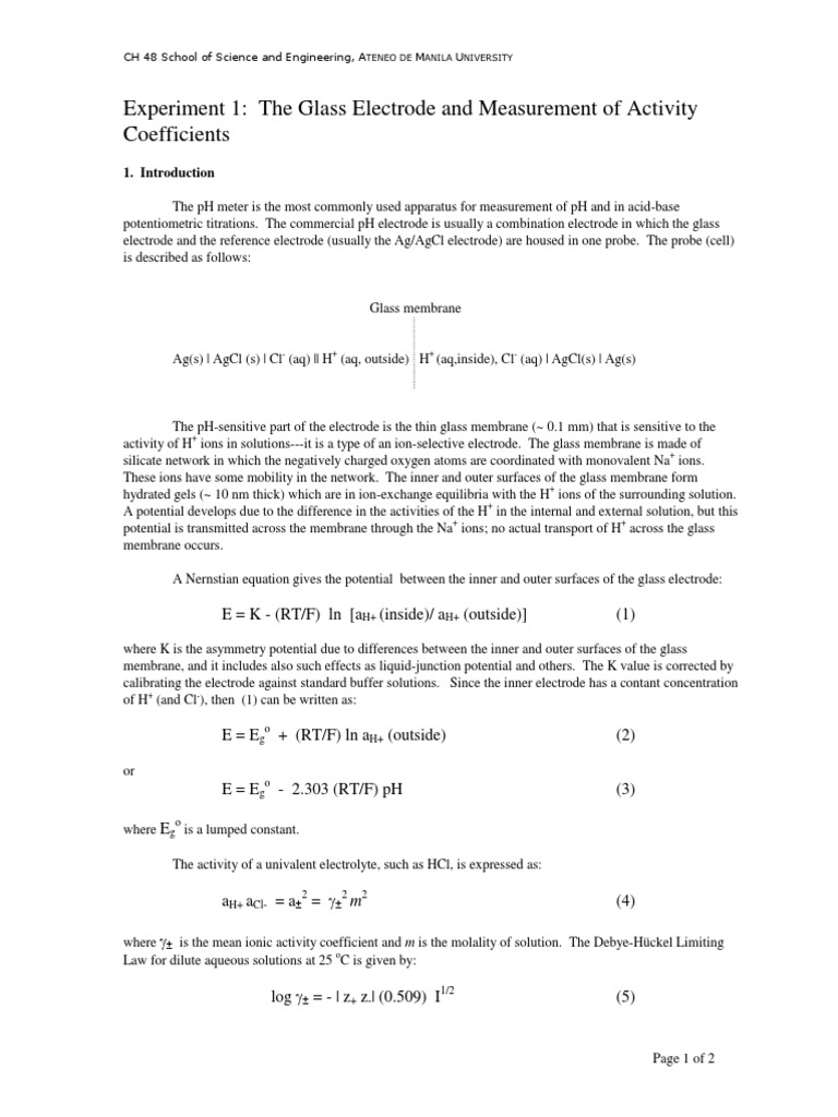 Experiment 1 The Glass Electrode and Measurement of Activity