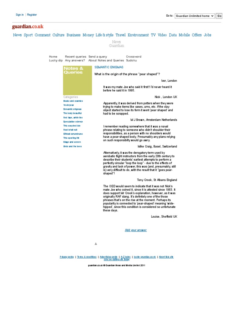 What Is The Origin of The Phrase Pear Shaped Notes and Queries