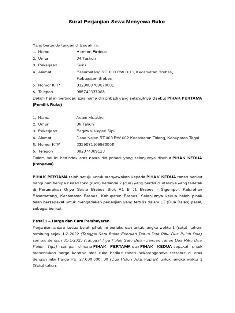 Surat Perjanjian Sewa Ruko Brebes | PDF