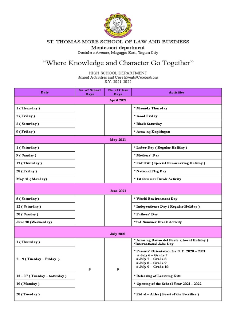 High School Calendar of Activities 2021 2022 PDF Traditions