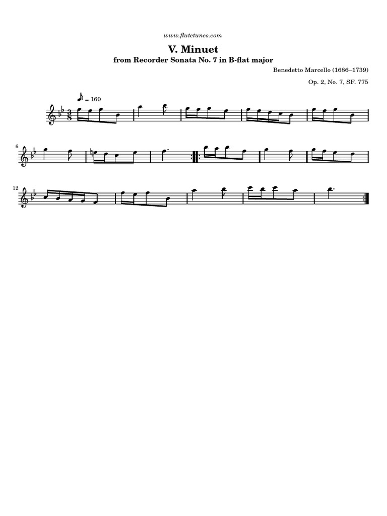 Marcello Recorder Sonata in B Flat Major Op2 No7 V Minuet PDF
