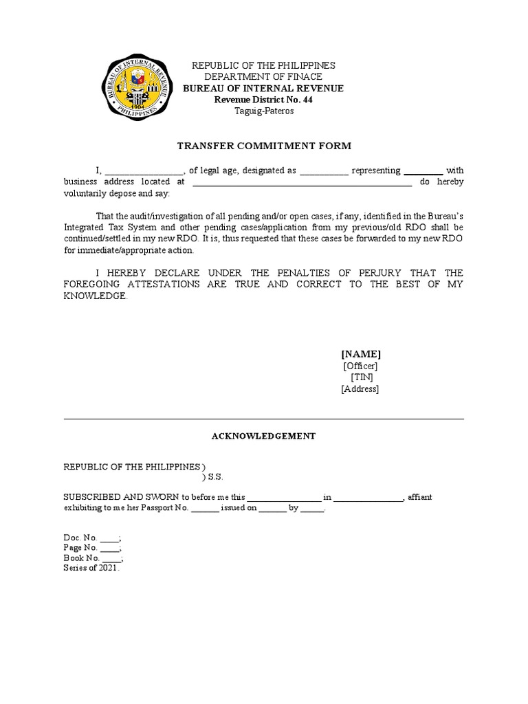 Rdo44 transfer commitment form pdf