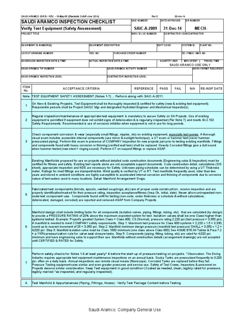 Saudi Aramco Inspection Checklist Verify Test Equipment (Safety