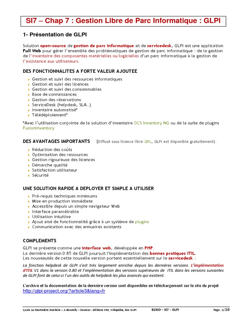 Gestion de parc informatique avec GLPI PDF et Web — free download