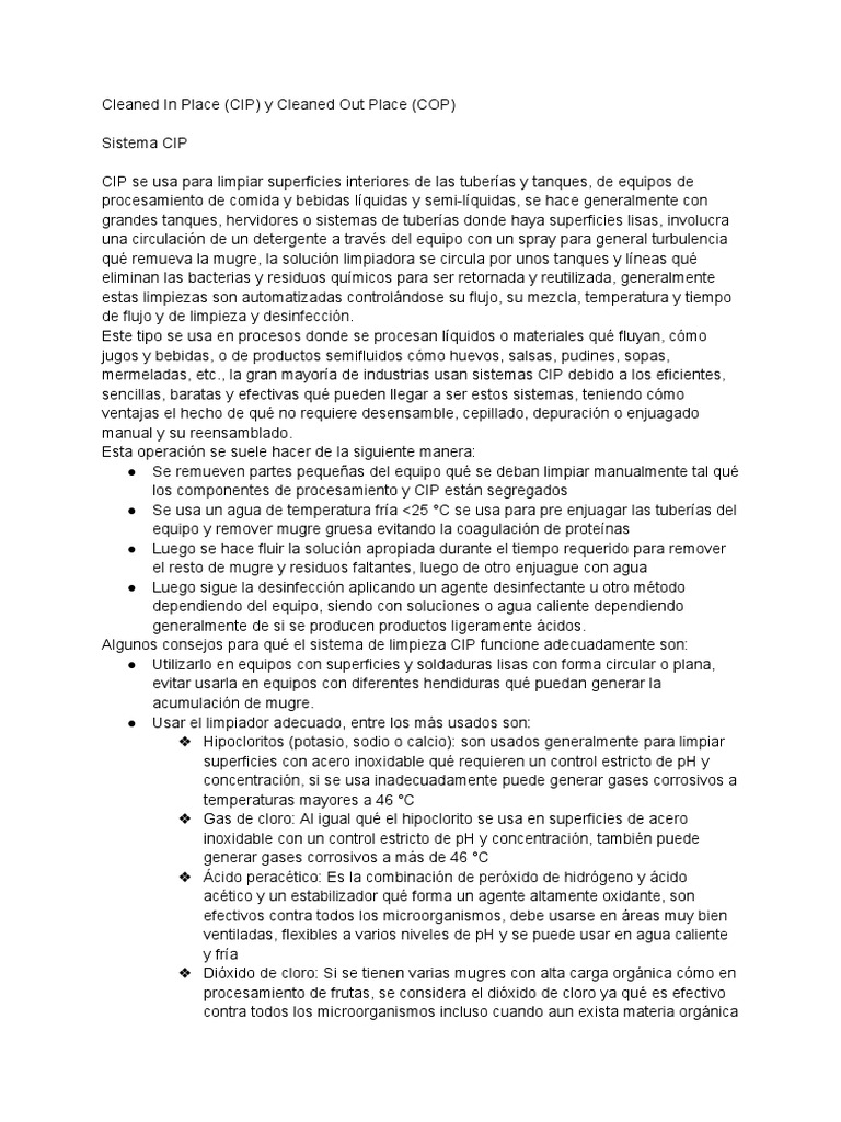 Sistemas CIP y COP | PDF | Agua | Cloro
