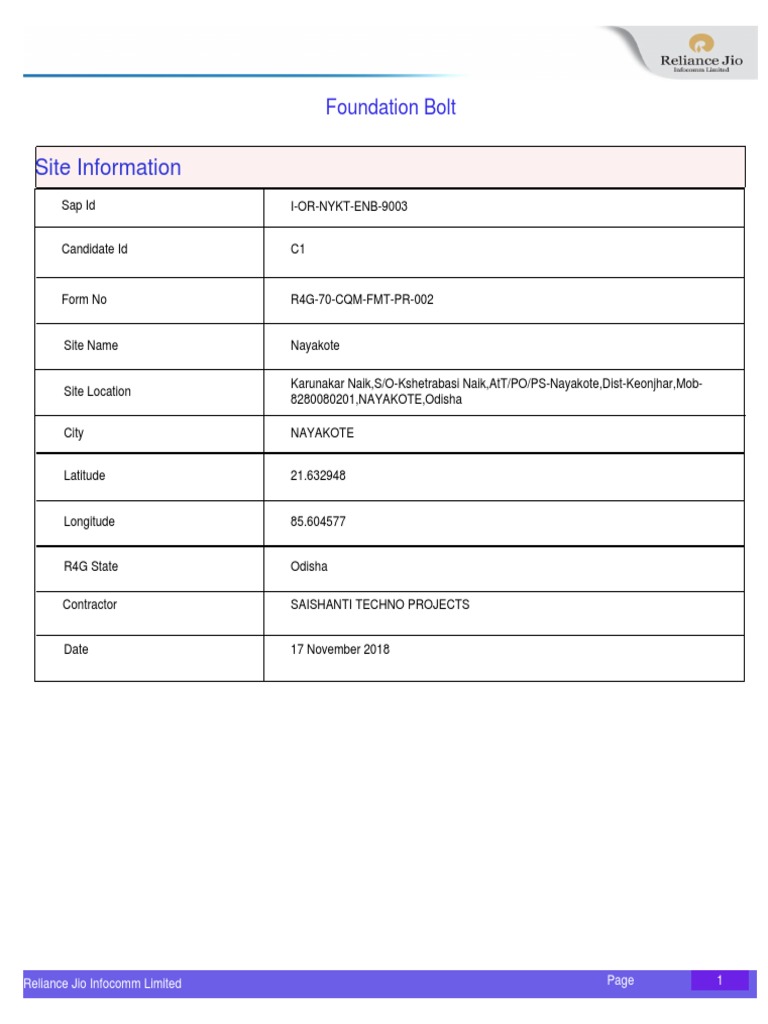Foundation Bolt Inspection Report | PDF | Screw | Metalworking