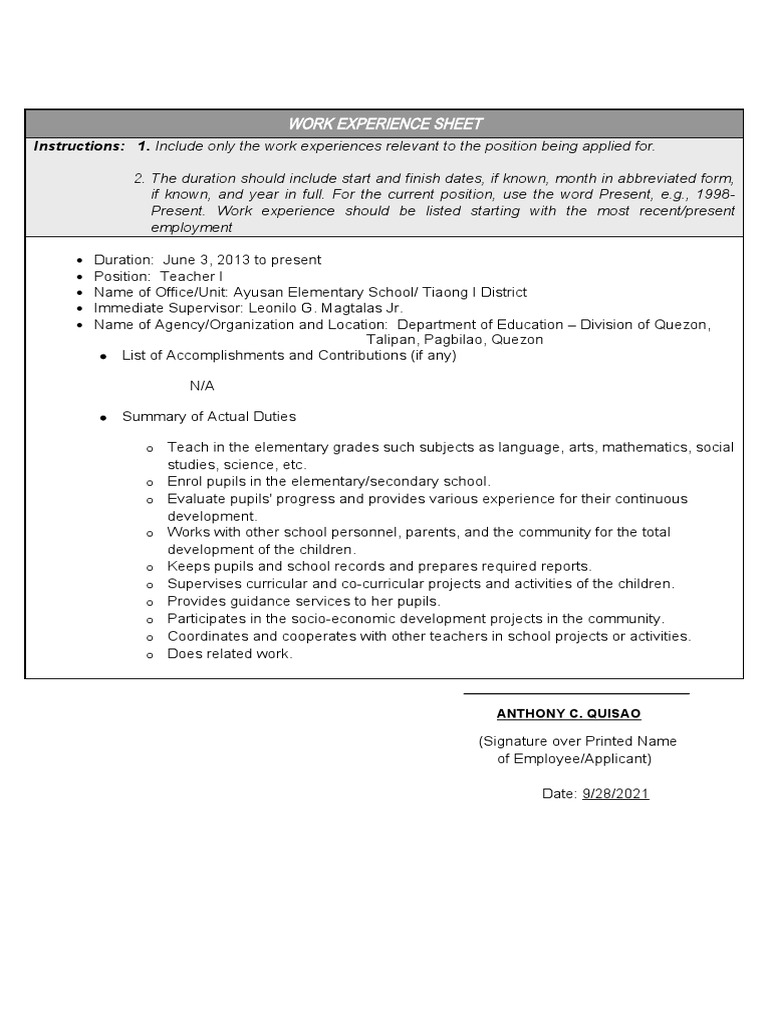 Work Experience Sheet for Teachers | PDF | Teachers | Schools
