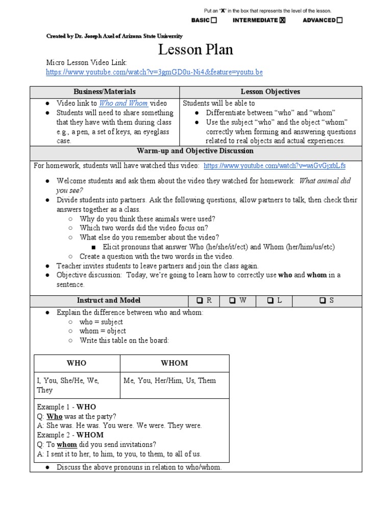 Dr. Joseph Axel's Lesson Plan on Teaching the Difference Between 'Who ...