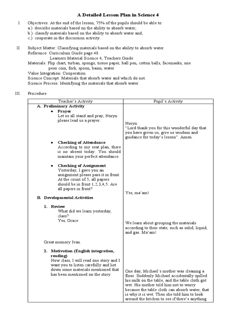 Grade 4 Science: Water Absorption Lesson | PDF | Lesson Plan