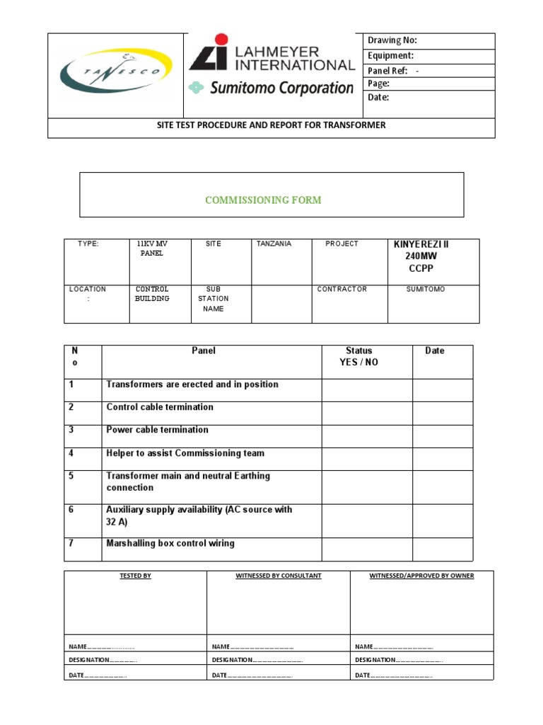 Site Test Procedure and Report For Transformer Commissioning Form