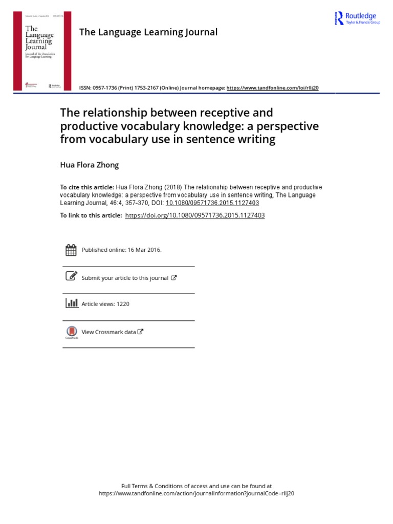 The Relationship Between Receptive and Productive Vocabulary Knowledge ...