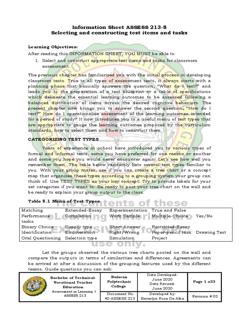 Test Item Selection and Construction | PDF | Educational Assessment ...