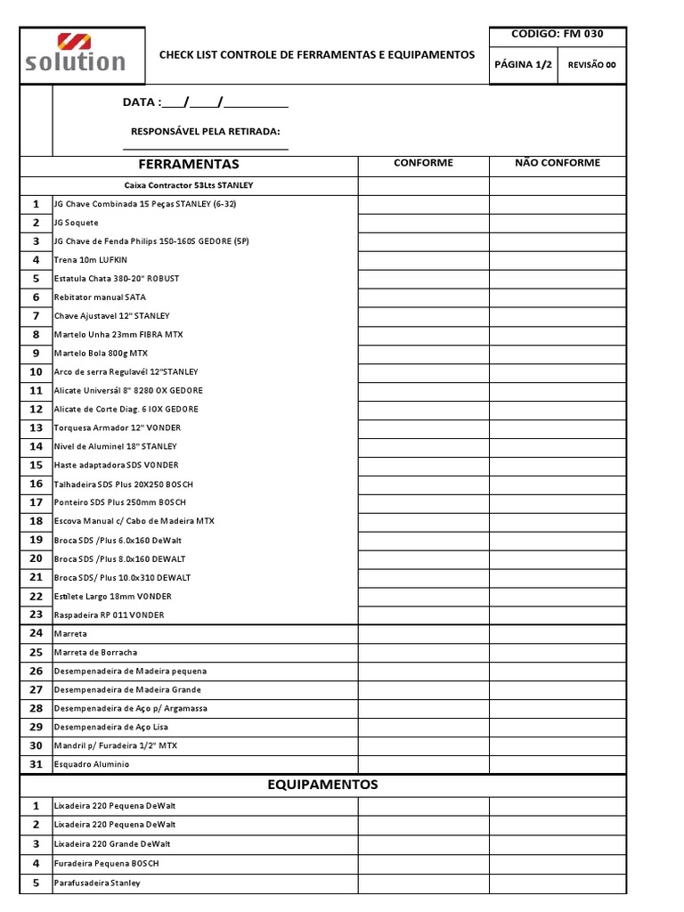 Checklist de Controle de Ferramentas | PDF | Madeira | Carpintaria