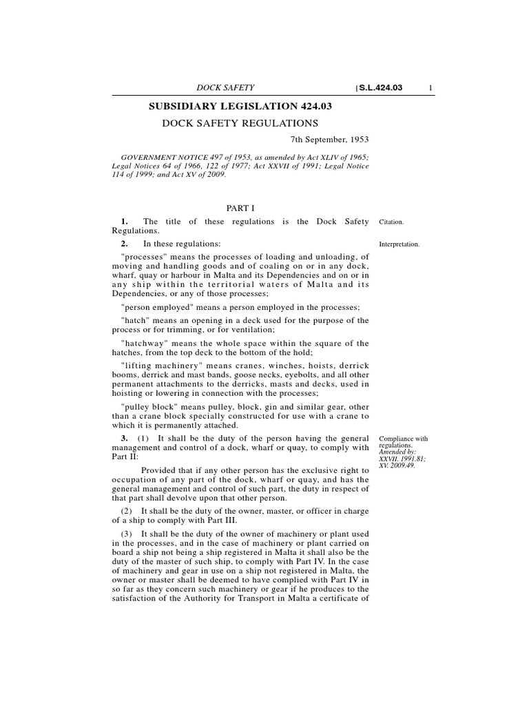 S.L. 424.03 Dock Safety Regulations PDF Tonnage Crane (Machine)