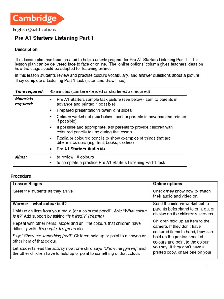 Pre A1 Starters Listening Part 1 Description Download Free PDF