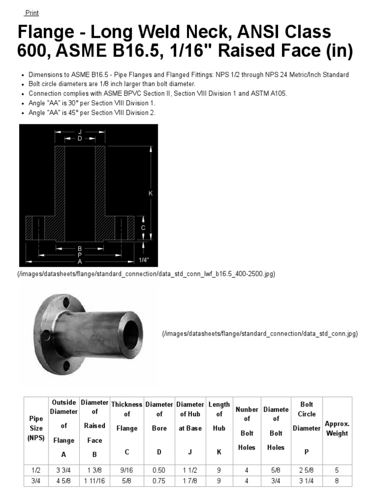 Long Weld Neck Flange Dimensions Class 600 | PDF | Gas Technologies ...