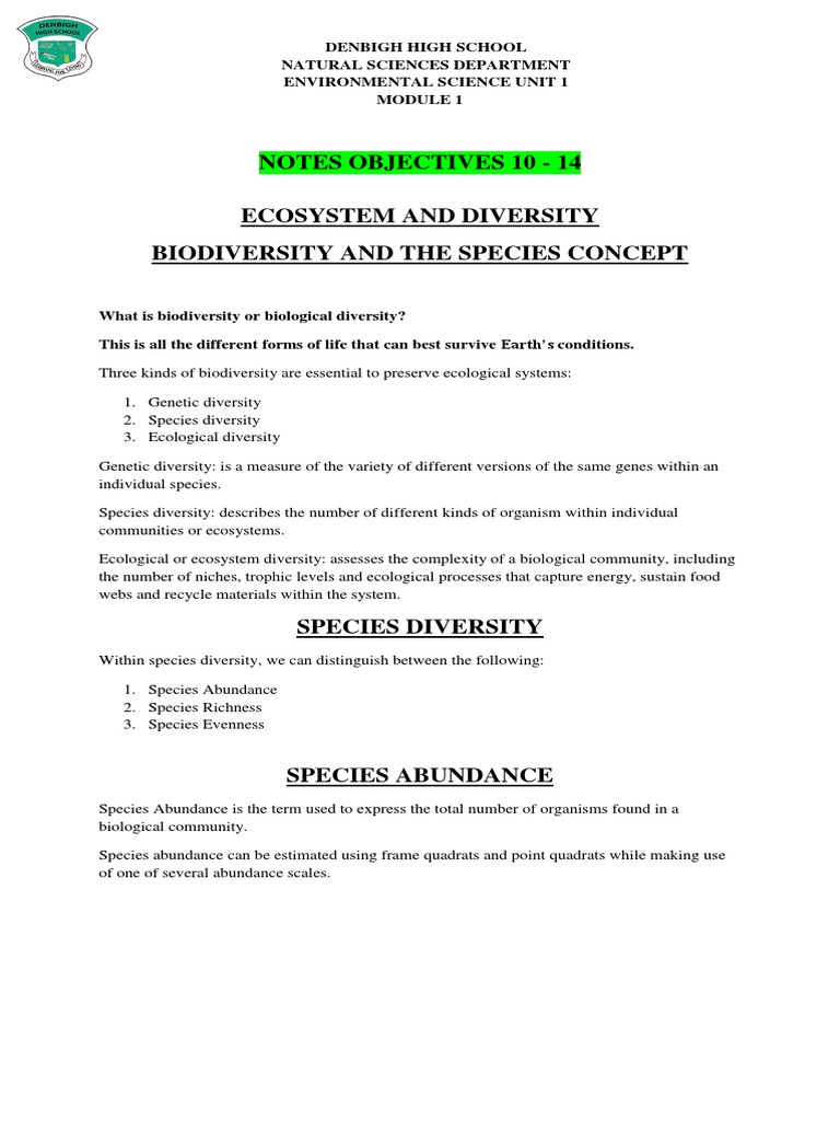 ENVI NOTES Module 1 Objectives 10-14 | PDF | Biodiversity | Ecosystem