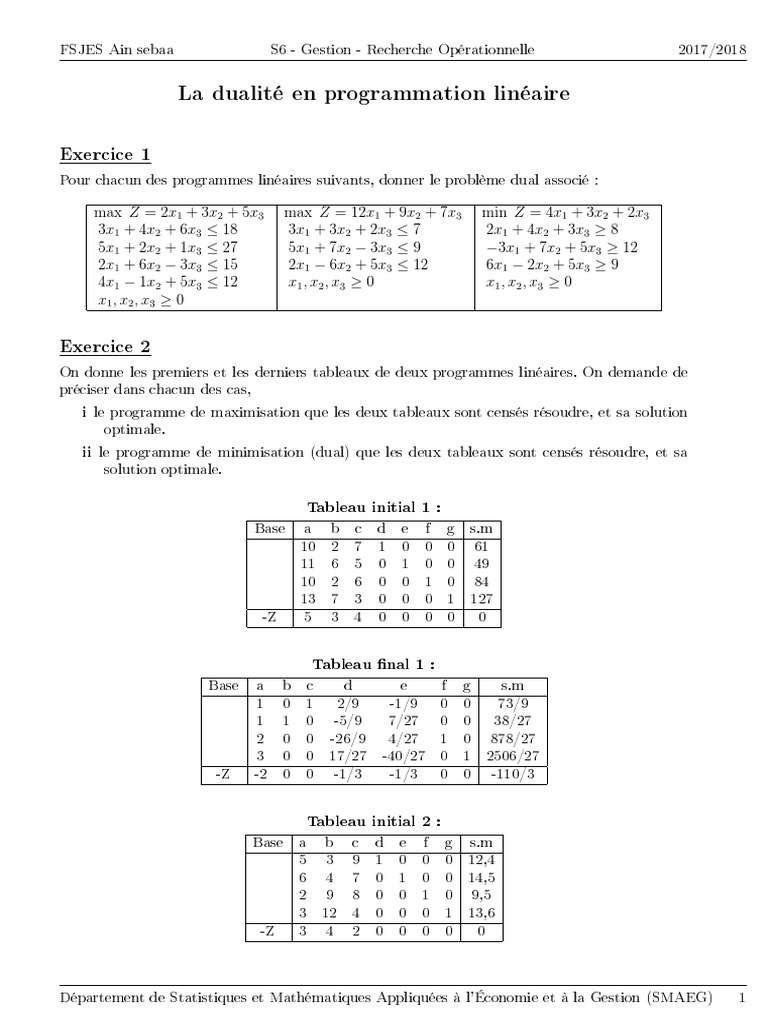 Dualité en Programmation Linéaire | PDF | Optimisation linéaire ...