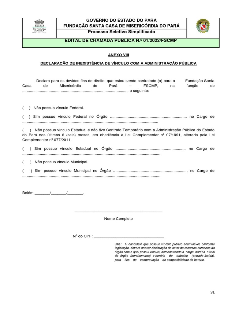 Declaração de Inexistência de Vínculo Com A Administração Pública | PDF ...
