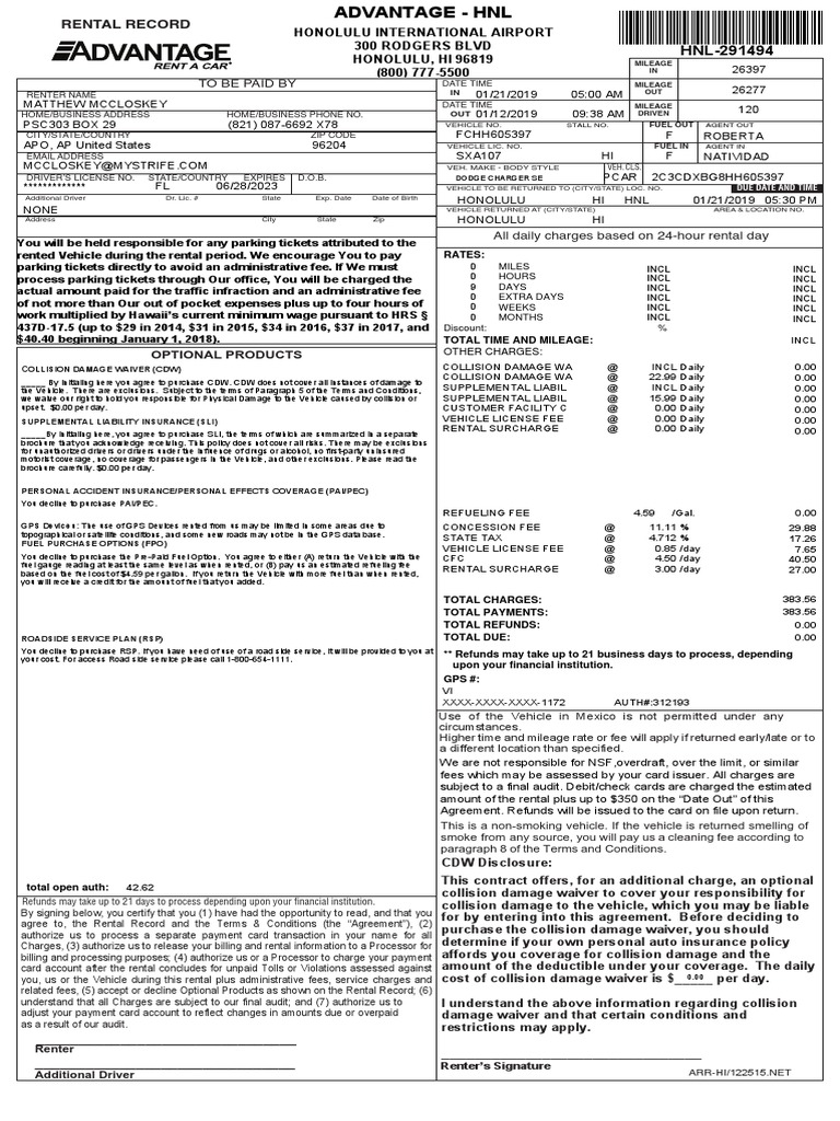 Hawaii Car Rental Receipt PDF Fee Vehicle Insurance