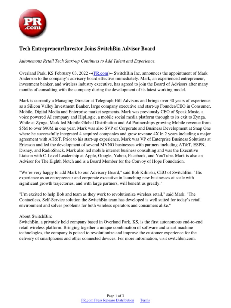 Tech Entrepreneur/Investor Joins SwitchBin Advisor Board | PDF | Small ...