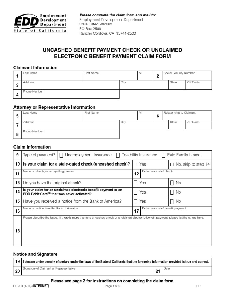 Uncashed Benefit Payment Check or Unclaimed Electronic Benefit Payment