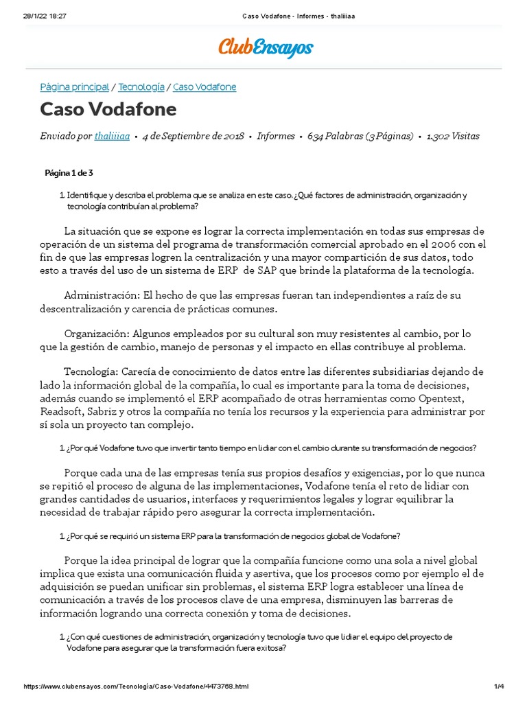 Caso Vodafone Informes Thaliiiaa Pdf Planificación De Recursos