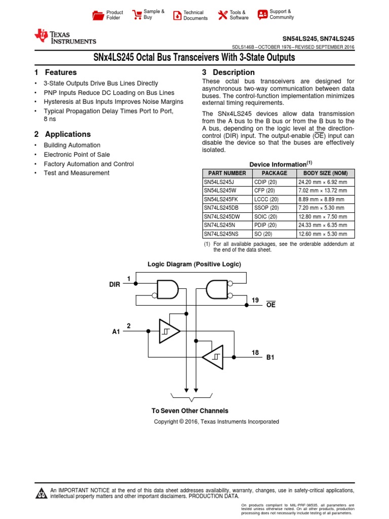 Snx4Ls245 Octal Bus Transceivers With 3State Outputs 1 Features 3