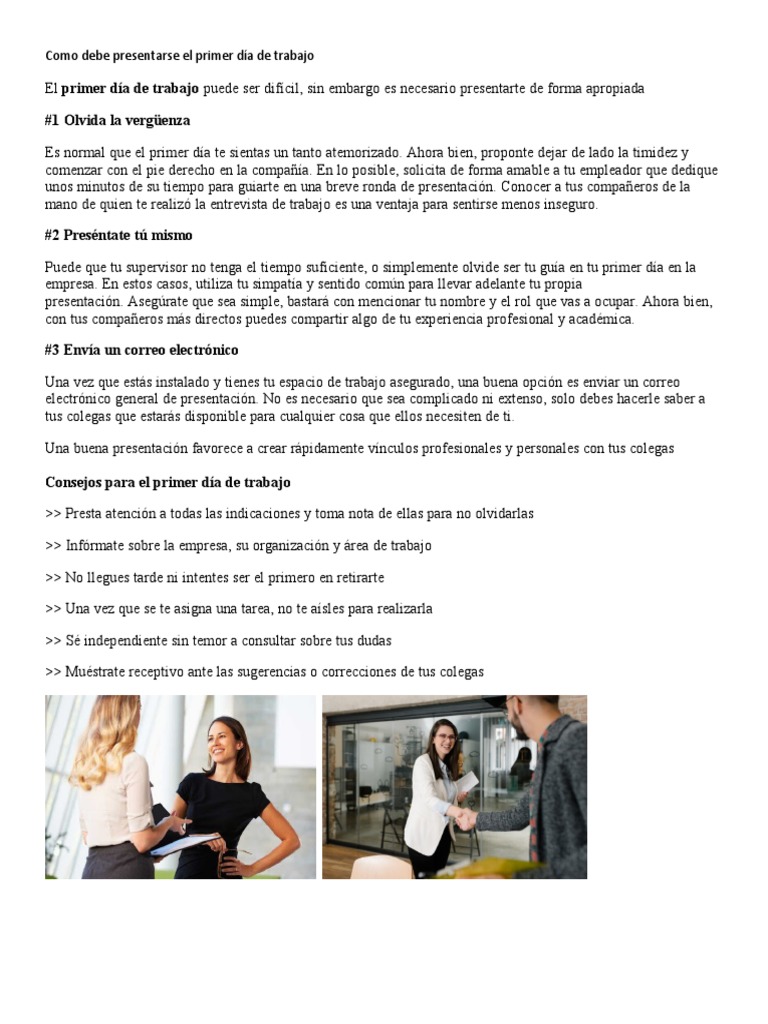 Cómo presentarte en tu primer día de trabajo | PDF