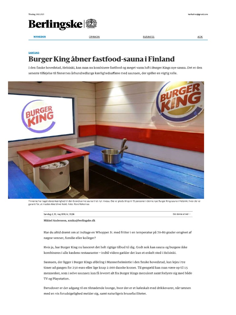 Burger King Åbner FastfoodSauna I Finland PDF