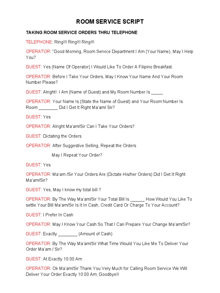 Example Of Room Service Telephone Conversation Script