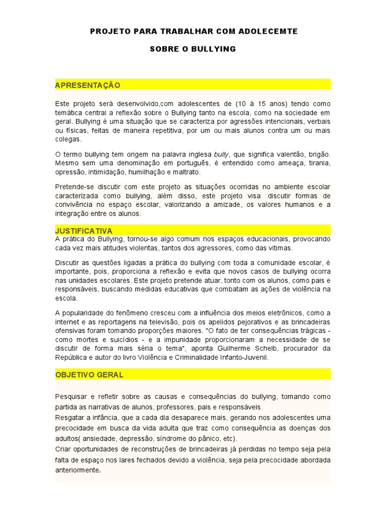 Projeto de Combate ao Bullying Escolar | PDF | Assédio moral/bullying ...