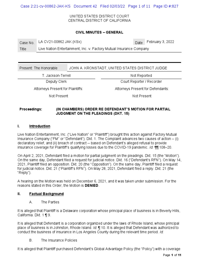 Live Nation Entertainment, Inc. v. Factory Mutual Insurance Company ...