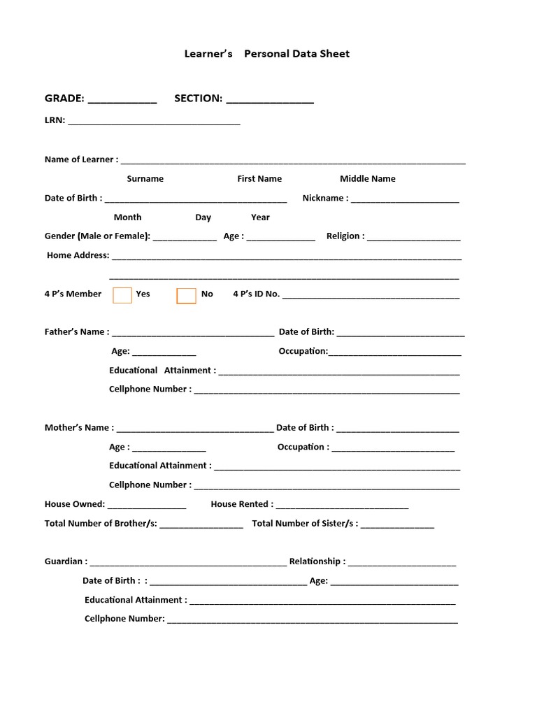 Learner's Personal Data Sheet GRADE: - SECTION | PDF