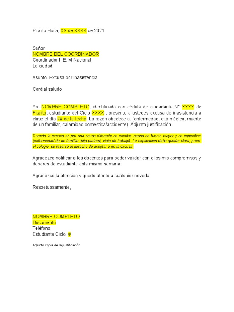 Modelo de excusa escolar por inasistencia | PDF