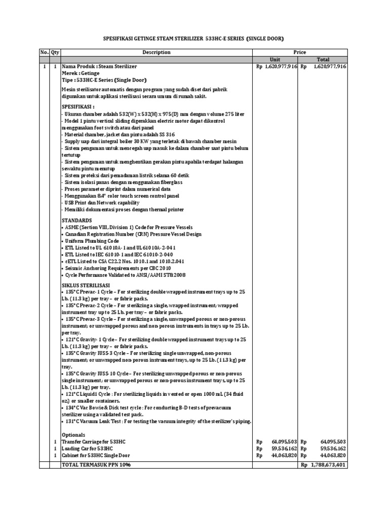 Spesifikasi Getinge Steam Sterilizer 533HCE Series Single Door PDF
