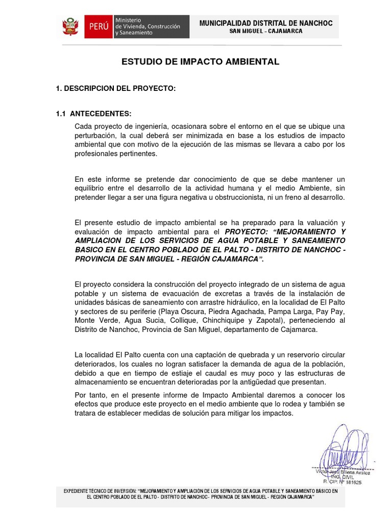 Impacto Ambiental Agua y Saneamiento El Palto | PDF | Reservorio | Agua