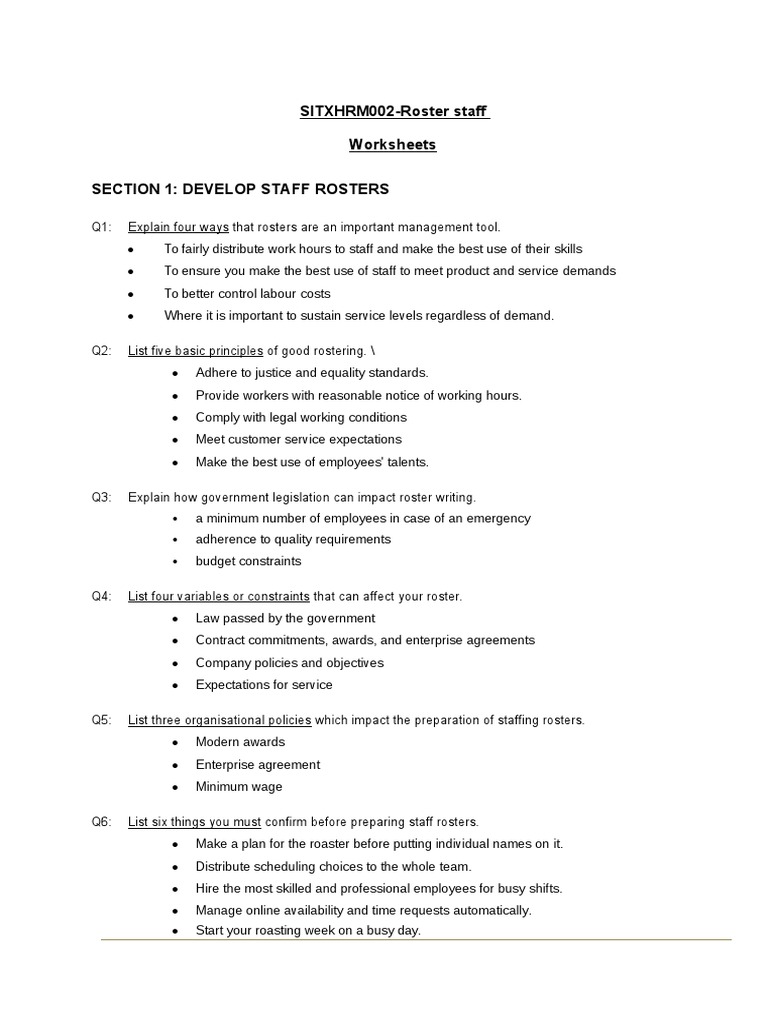 SITXHRM002Roster Staff Worksheets Section 1 Develop Staff Rosters