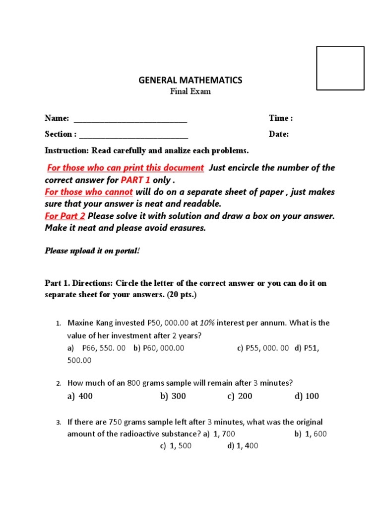 General Mathematics Final Exam Guide | PDF | Logarithm | Interest
