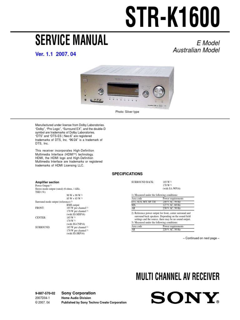 Sony STR k1600 Receiver Component Service Manual PDF Electronic