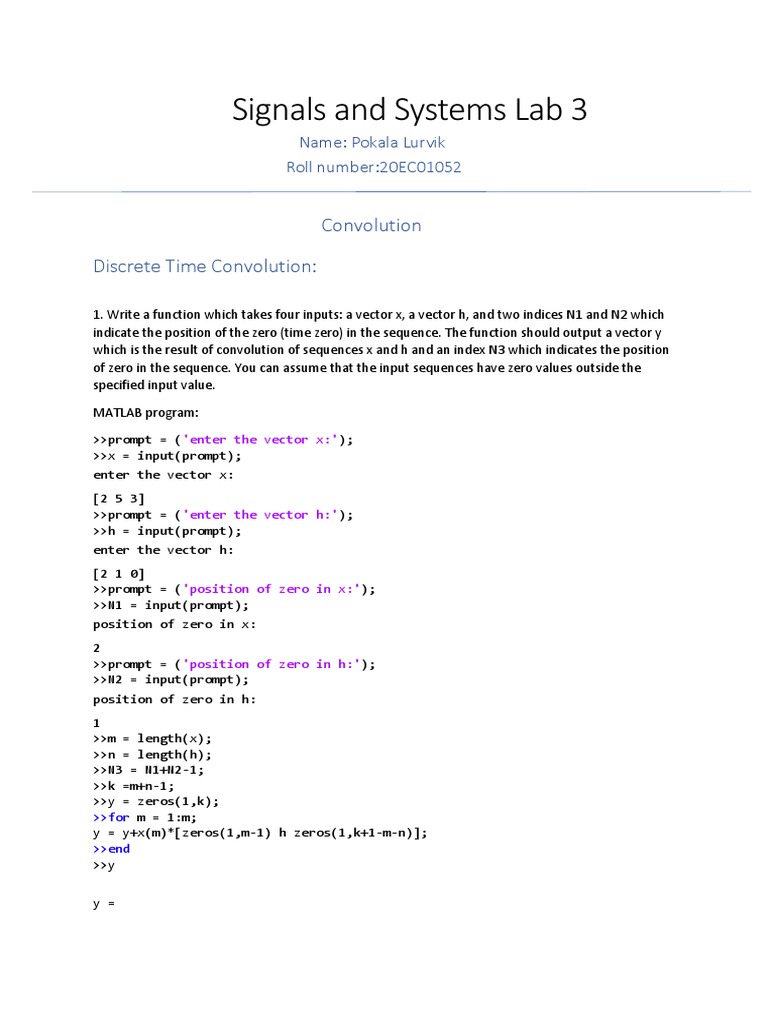Signals and Systems Lab 3: Convolution Discrete Time Convolution | PDF ...