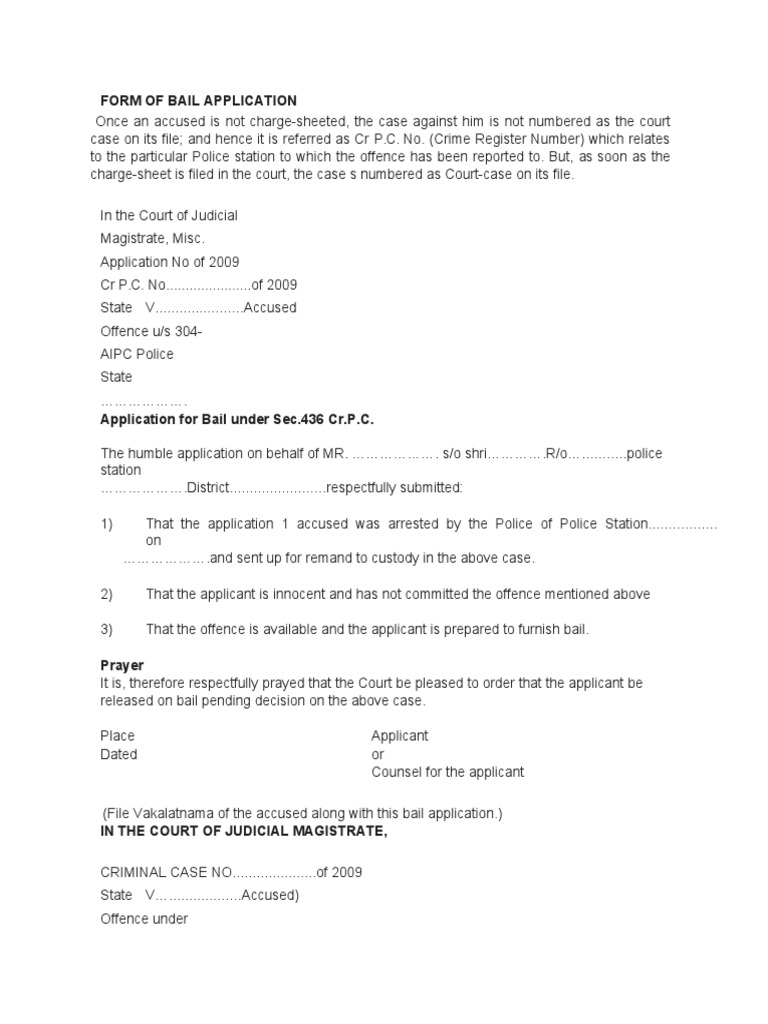 Bail Application Format PDF Bail Arrest
