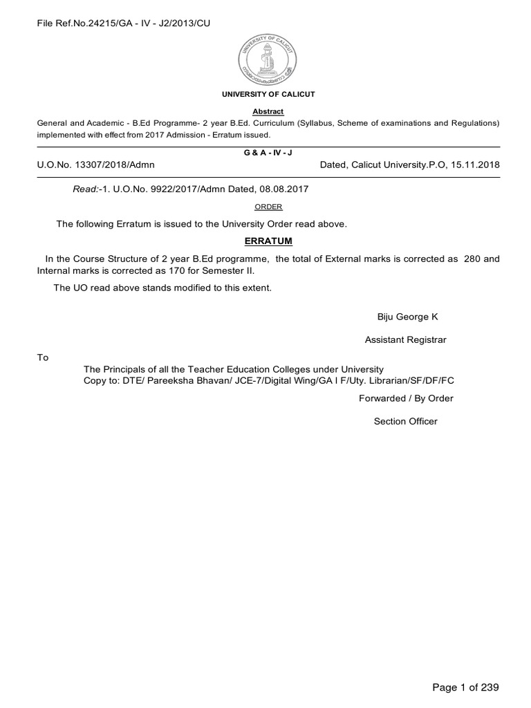 Calicut University B.Ed Syllabus | PDF | Academic Degree | University ...