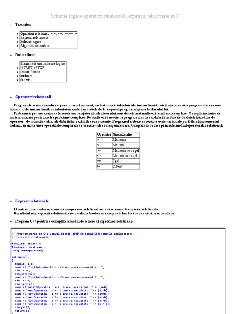 Scheme Logice Operatori Relationali, Expresii Relationale in C++ | PDF