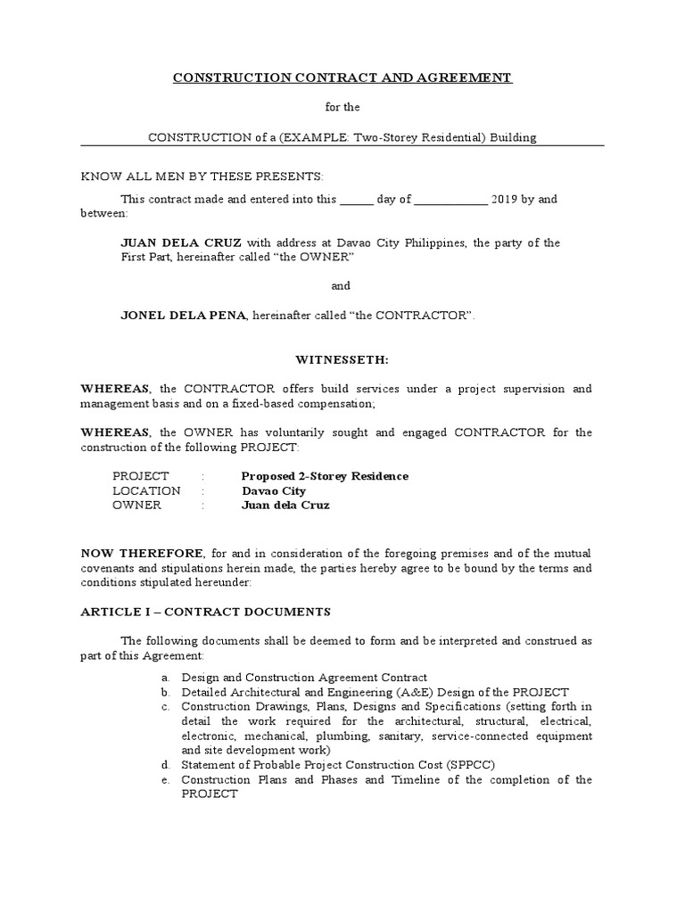 Construction Contract for 2-Storey Residence | PDF | Employment | Legal ...