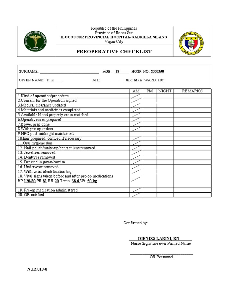 Preoperative Checklist for Gabriela Silang Hospital | PDF